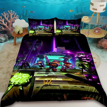 Cartoon Children Duvet Cover Minecraft Cartoon Quilt Cover Bedding Set Queen King Full Size with 1/2 Pillocase Bedroom