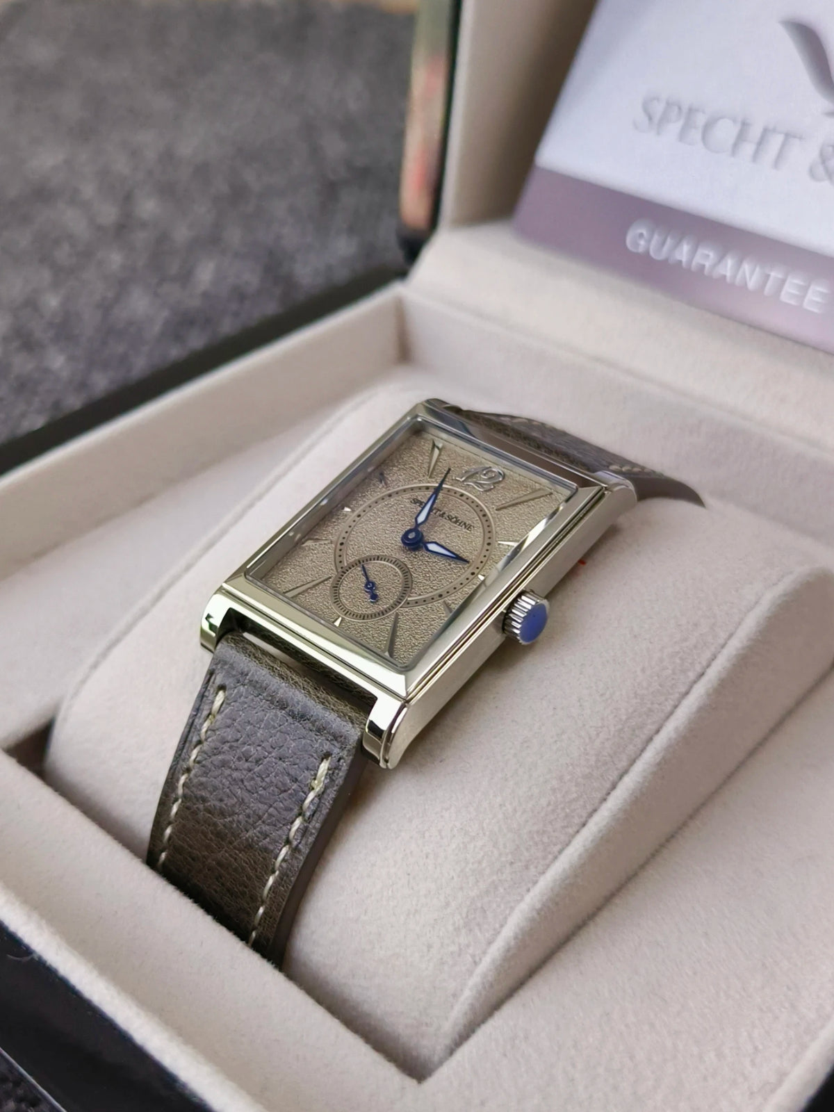 2026 Specht&Söhne Ultra Thin 7.5mm Rectangular Watch Japan Quartz Movt Small Seconds Sandblasted Dial Grey Leather Strap Watch