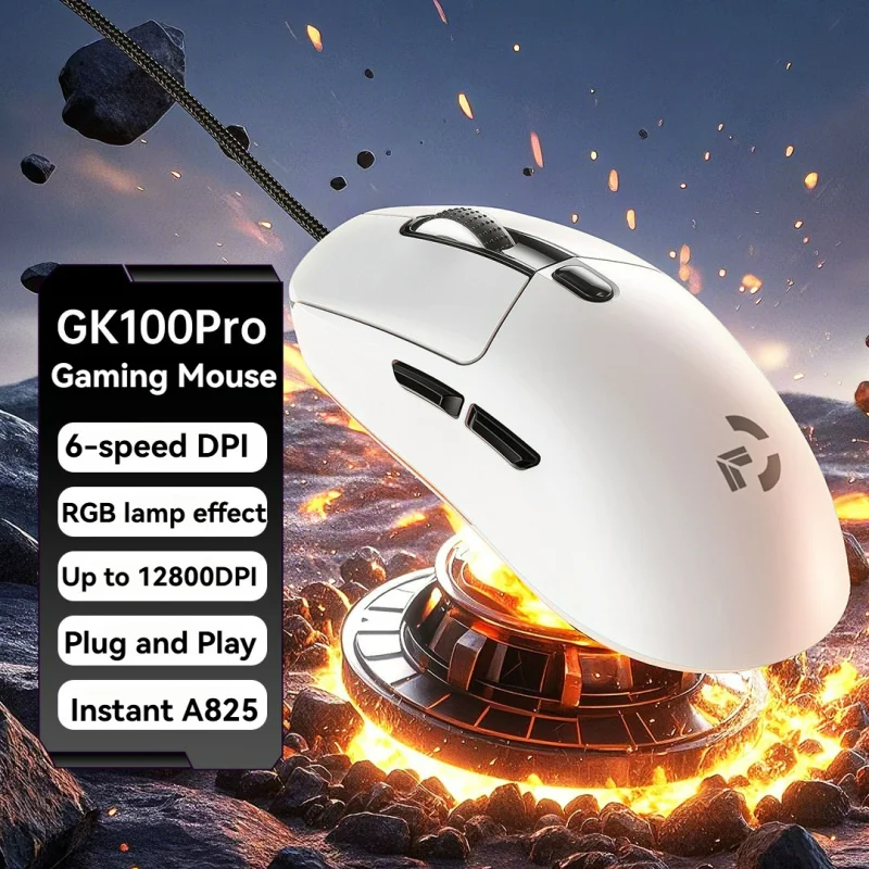 Ratón gaming con cable, 6 niveles de DPI ajustables hasta 12800DPI, chip A825 instantáneo, RGB, programación de macros, diseño ergonómico, ratón universal
