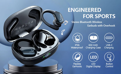Bluetooth 5.3 Earphones True Wireless Headphones – Bluetooth 5.3 Earphones with Mic, Sports Earhooks, Noise Reduction, Waterproof TWS Bluetooth 5.3 Earphones for Running, Gym & Outdoor Use
