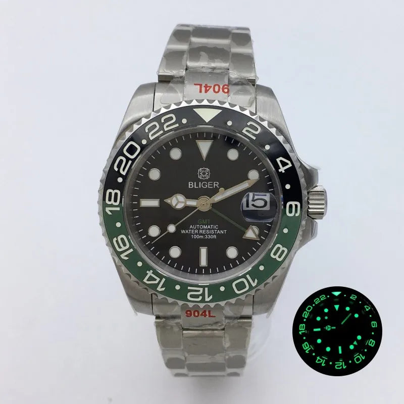 BLIGER 40mm NH34 GMT Watch For Men Mechanical Wristwatch Luminous Bezel Sapphire Glass Stainless Steel Bracelet Reloj Hombre