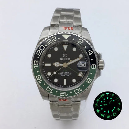 BLIGER 40mm NH34 GMT Watch For Men Mechanical Wristwatch Luminous Bezel Sapphire Glass Stainless Steel Bracelet Reloj Hombre