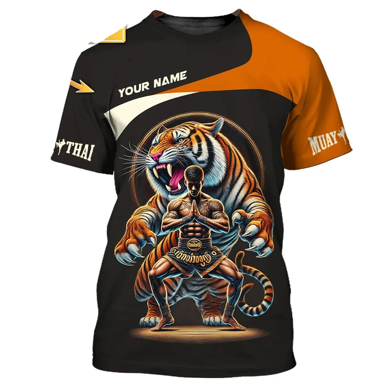 Stylové nové pánské tričko s grafikou Muay Thai, 3D potiskem tygra a draka, personalizovaným jménem a výrazným designem, letní tričko na gym a fitness