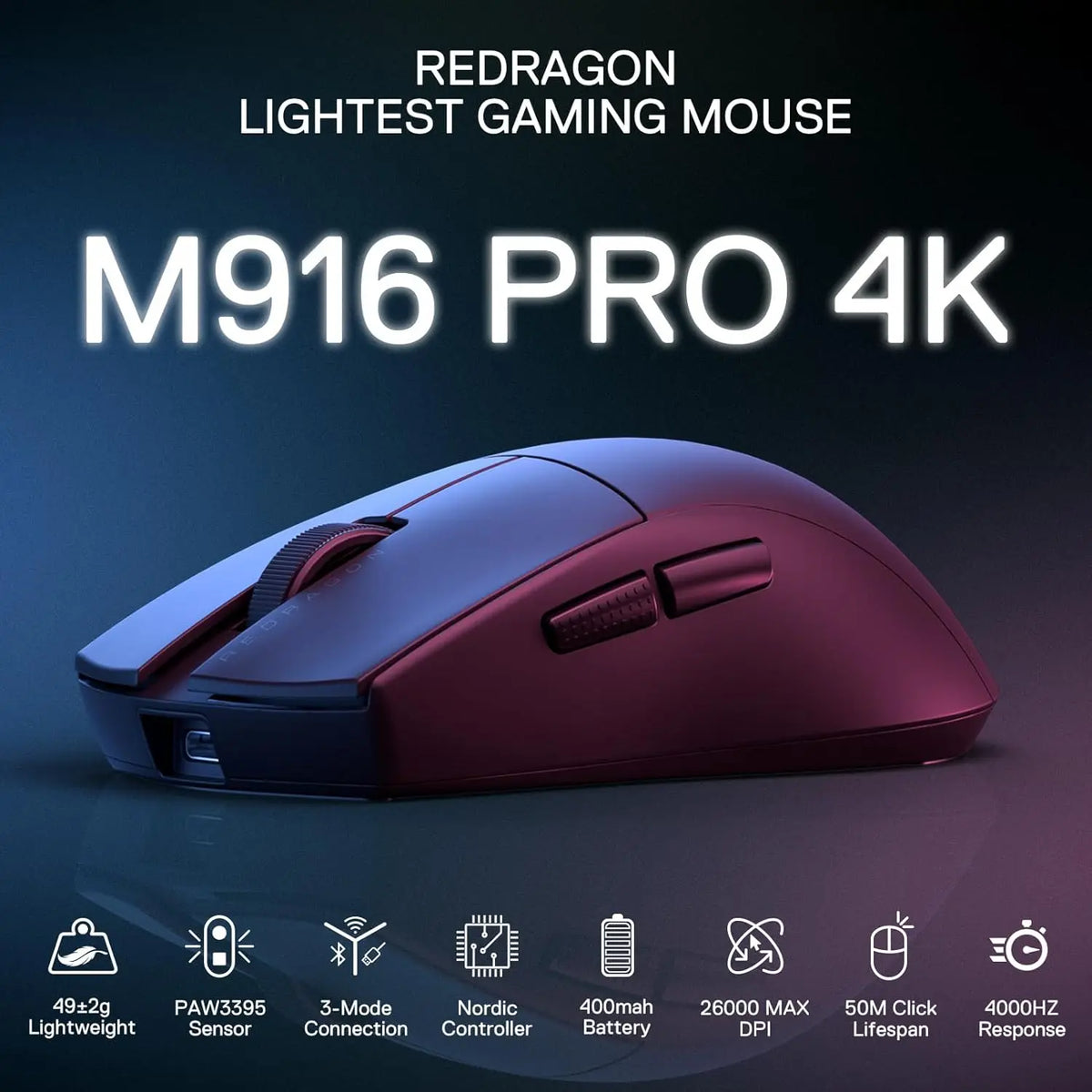 Redragon M916 PRO draadloze gamingmuis met 3 modi, Hype-Speed 4K polling rate, ultralichte 49G gamermuis met 26K DPI