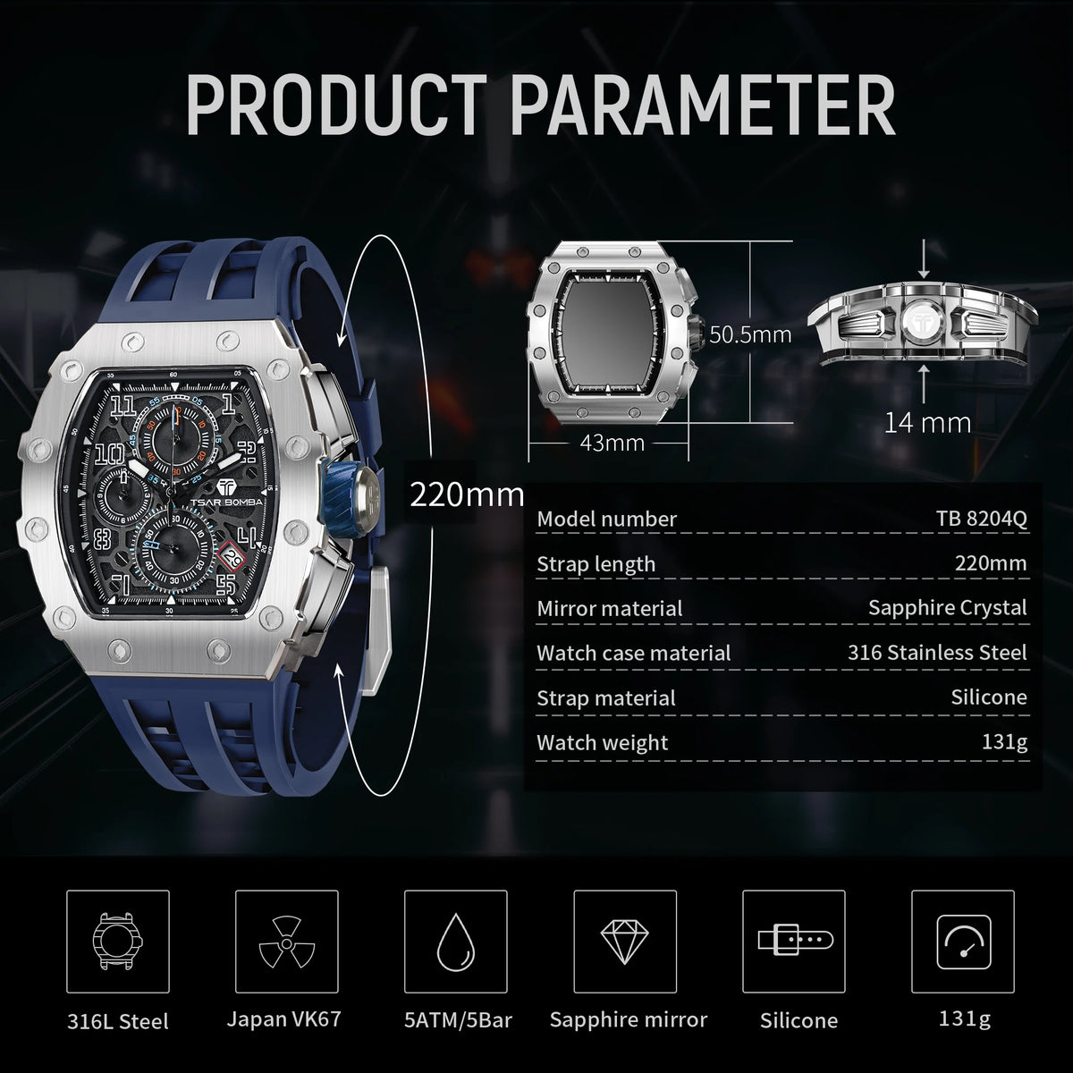 TSAR BOMBA New TB8204 Watch for Men Japan Quartz Chronograph 50M Waterproof Wristwatch Fashion Sport Clock Male Luxury Mens Gift