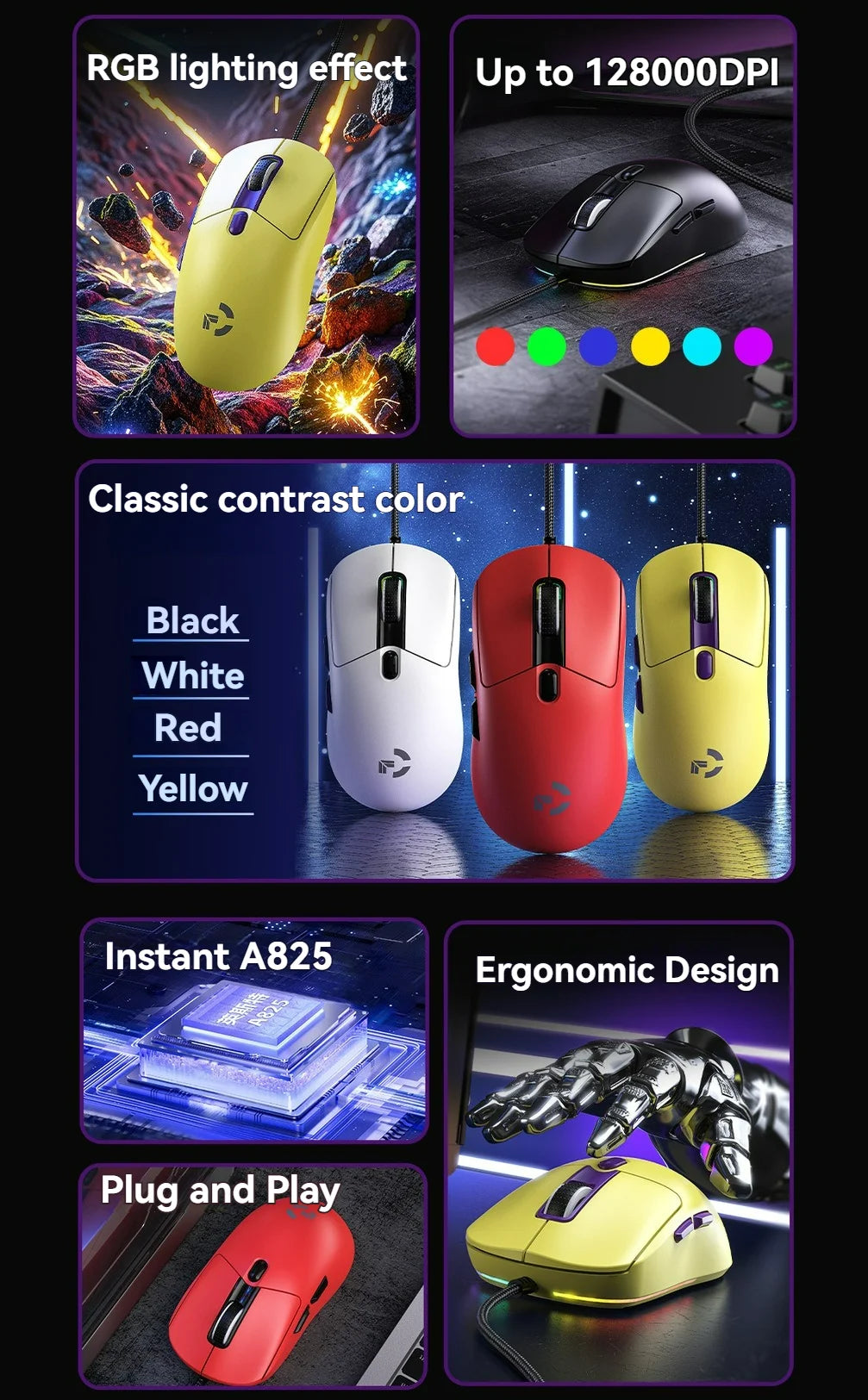 Ratón gaming con cable, 6 niveles de DPI ajustables hasta 12800DPI, chip A825 instantáneo, RGB, programación de macros, diseño ergonómico, ratón universal