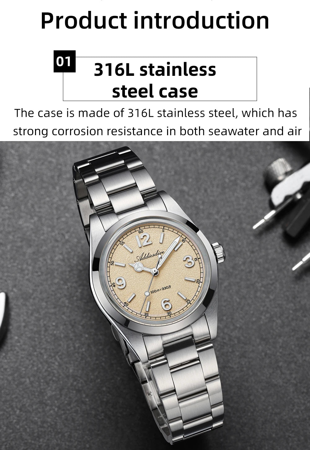 ADDIESDIVE 36mm Hot Sale Men's Watch AD2518 Bubble Mirror Glass 316L Stainless Steel Reloj Hombre 100m Waterproof Quartz Watches