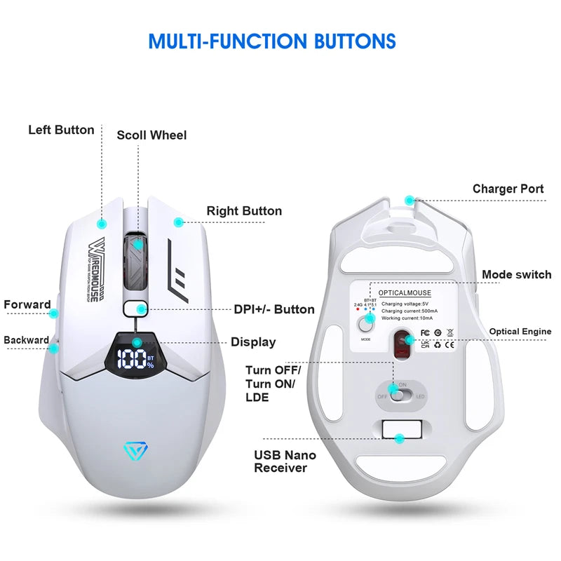Ratón Bluetooth inalámbrico de doble modo con pantalla inteligente, carga silenciosa, para oficina, gaming, portátil y tablet, universal