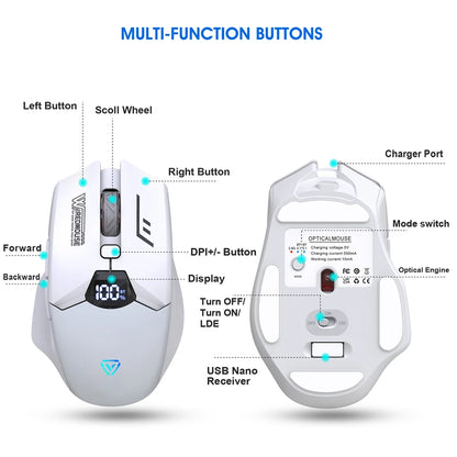 Ratón Bluetooth inalámbrico de doble modo con pantalla inteligente, carga silenciosa, para oficina, gaming, portátil y tablet, universal