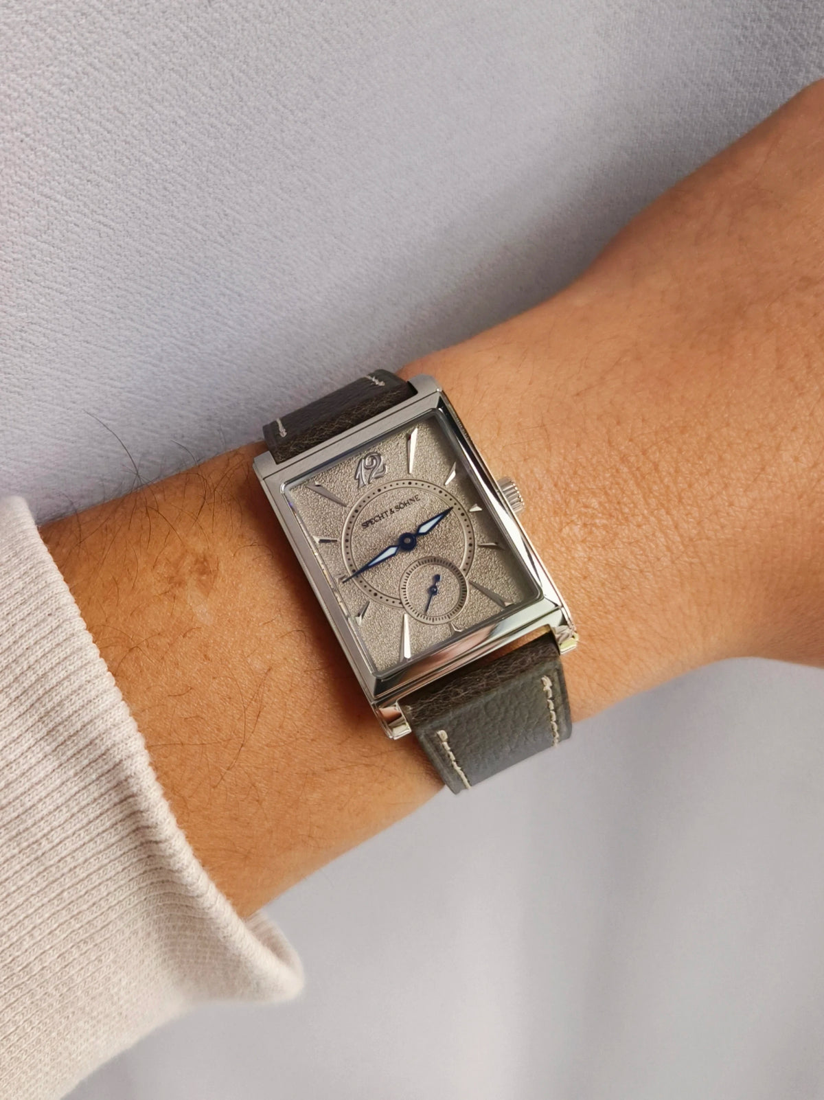 2026 Specht&Söhne Ultra Thin 7.5mm Rectangular Watch Japan Quartz Movt Small Seconds Sandblasted Dial Grey Leather Strap Watch