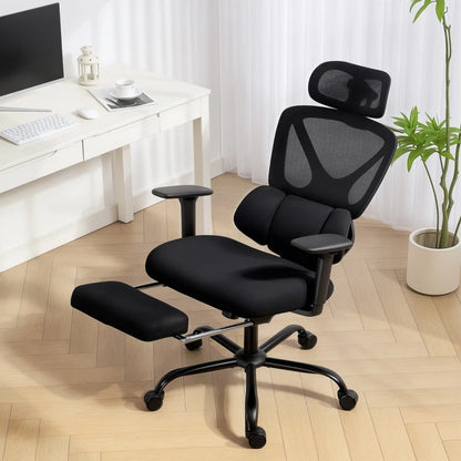 Ergonomic Office Chair with Lumbar Support, Mesh Back, Adjustable Armrests, Headrest, Wheels & Reclining Footrest for Home Office