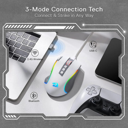 Redragon M612 PRO RGB Wireless Gaming Mouse, Tri-Mode Bluetooth 2.4G & Wired, 8000 DPI Optical Gaming Mouse, 9 Programmable Buttons, 7 RGB Backlit Modes