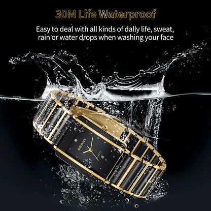 BERNY Ceramic Quartz Men Watch Fashion Luxury Rectangle Wristwatch XV12 Waterproof Calendar Diamon Black Gold Couple Gifts Watch