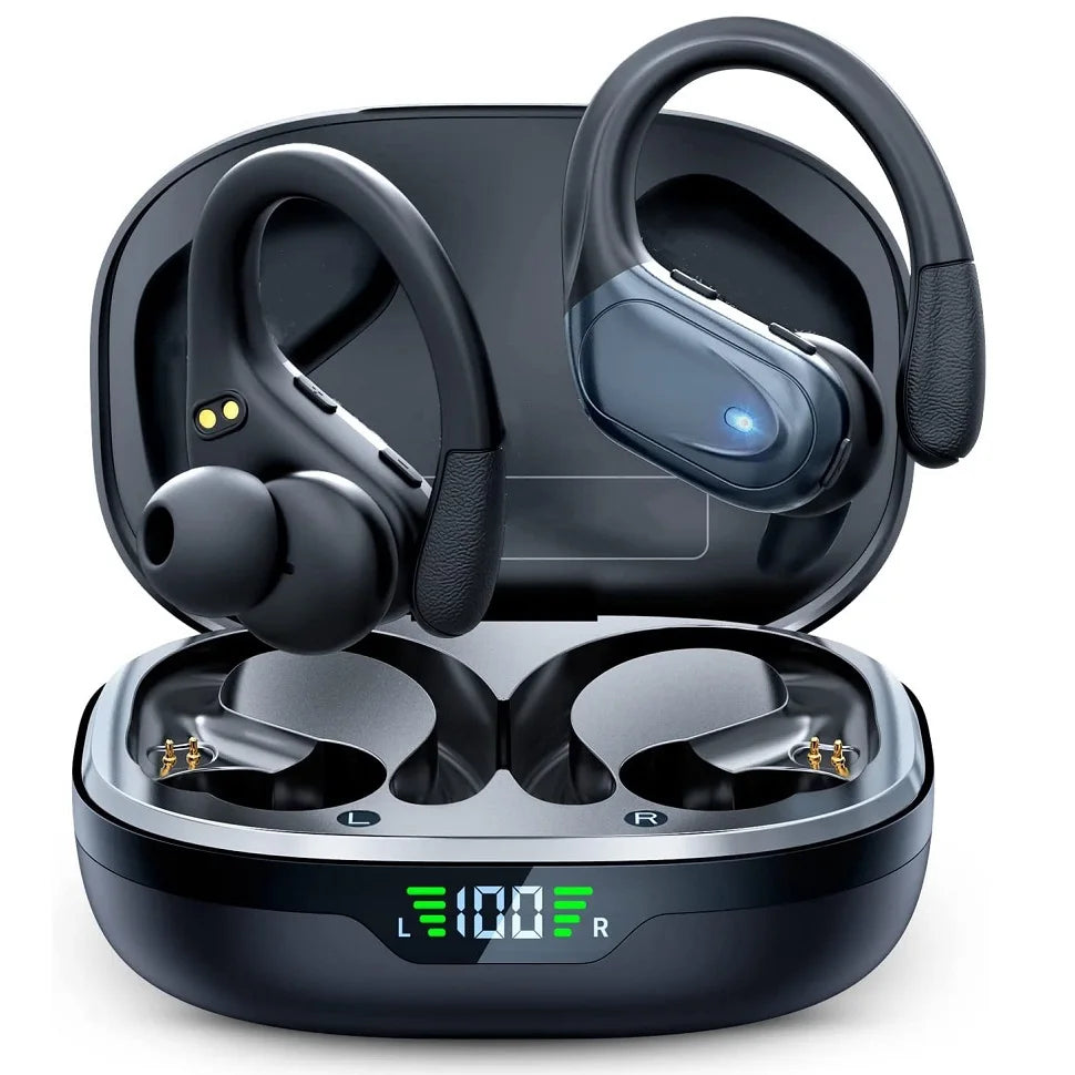 Bluetooth 5.3 Earphones True Wireless Headphones – Bluetooth 5.3 Earphones with Mic, Sports Earhooks, Noise Reduction, Waterproof TWS Bluetooth 5.3 Earphones for Running, Gym & Outdoor Use
