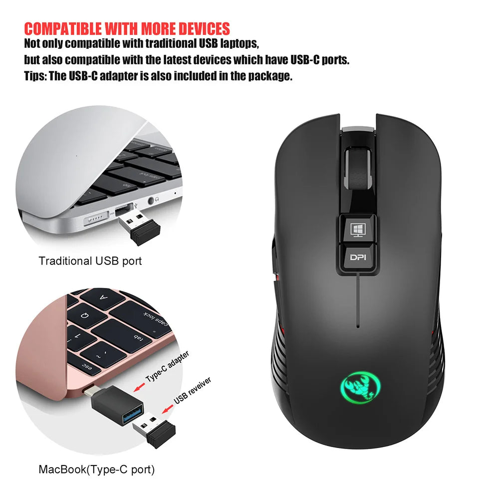Ratón gaming inalámbrico USB-C 2.4G recargable, 3600DPI, 7 botones, Type-C, silencioso, para Macbook, portátil, PC y ordenador
