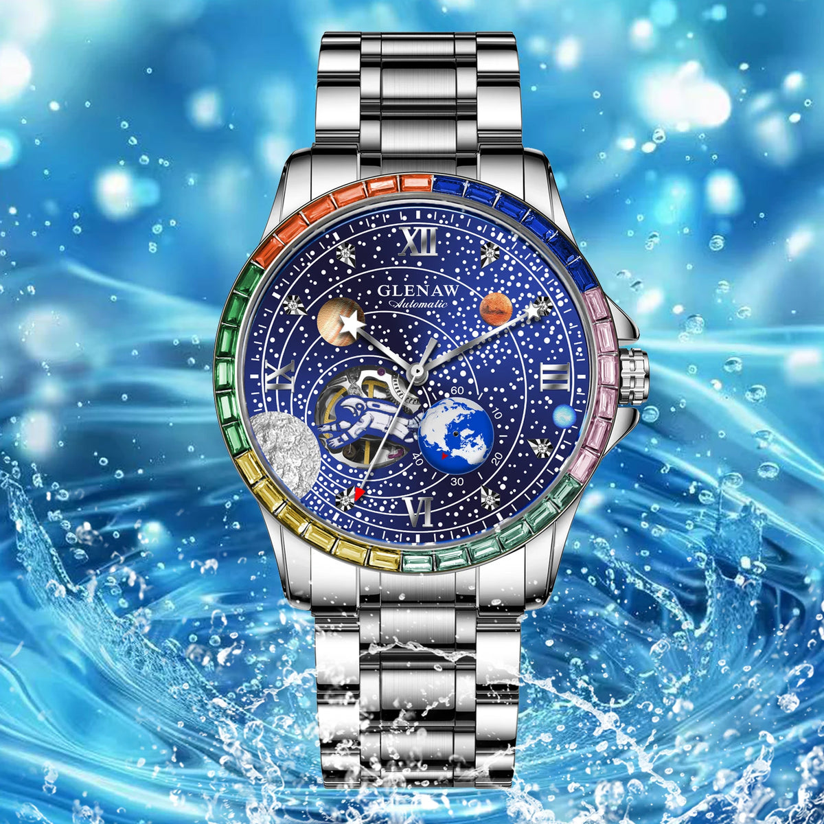 GLENAW New Rotating Earth Mechanical Watch Men Space astronaut dial Night Light Waterproof Stainless Steel Strap Automatic Watch
