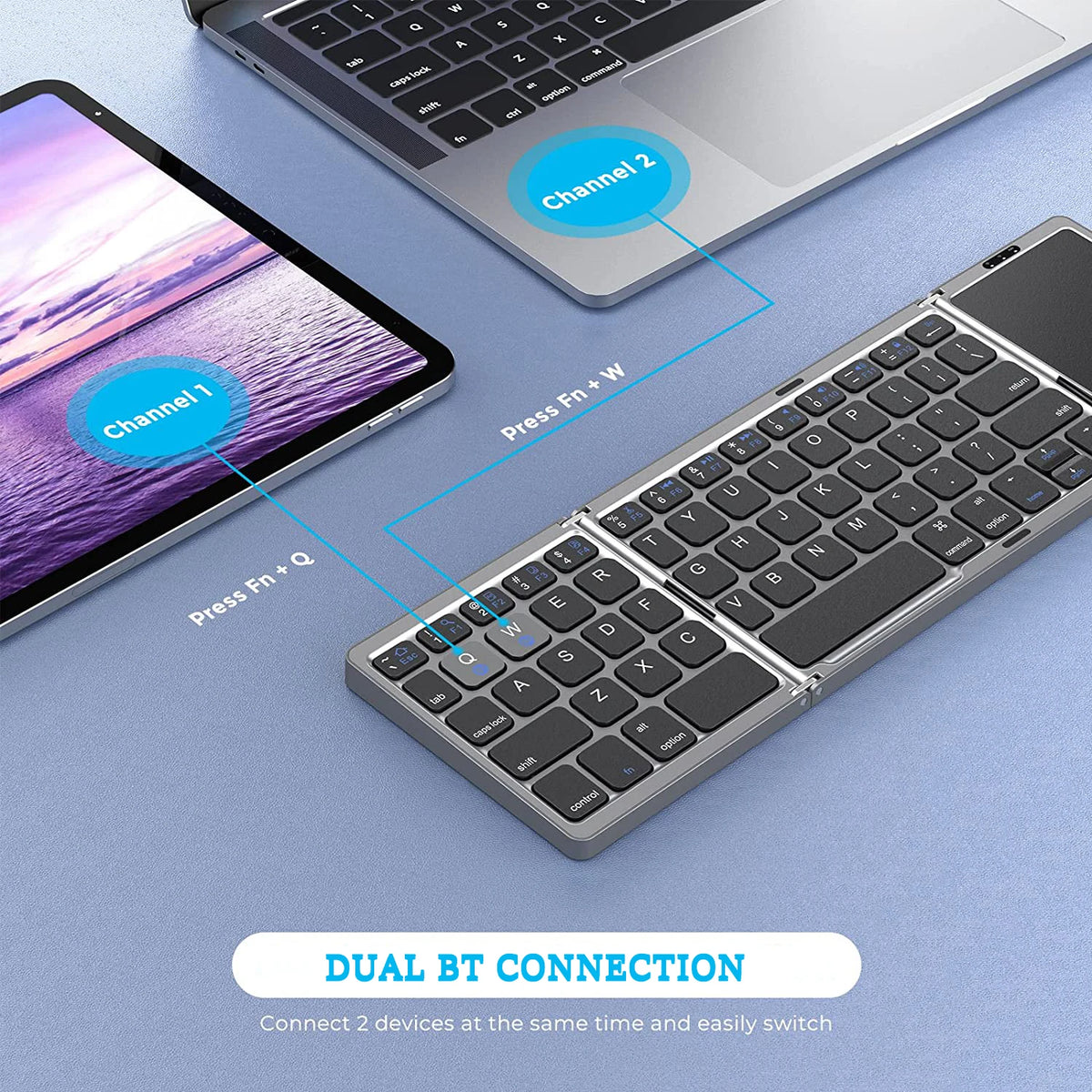 Dual Bluetooth 5.1 Keyboard 3-Folding Mini Keyboard Rechargeable Foldable Keyboard with Touchpad for Windows Android IOS iPad