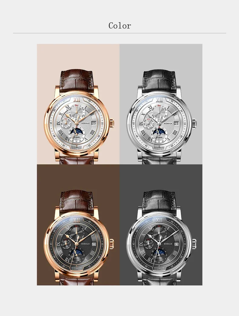 BORMAN BM3868 Novos relógios de pulso automáticos mecânicos de luxo para homem, 40 mm, com vidro de safira, multifunções, à prova de água e com fase lunar