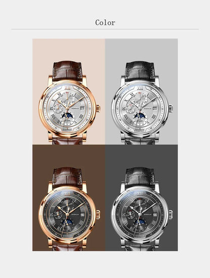 BORMAN BM3868 Novos relógios de pulso automáticos mecânicos de luxo para homem, 40 mm, com vidro de safira, multifunções, à prova de água e com fase lunar