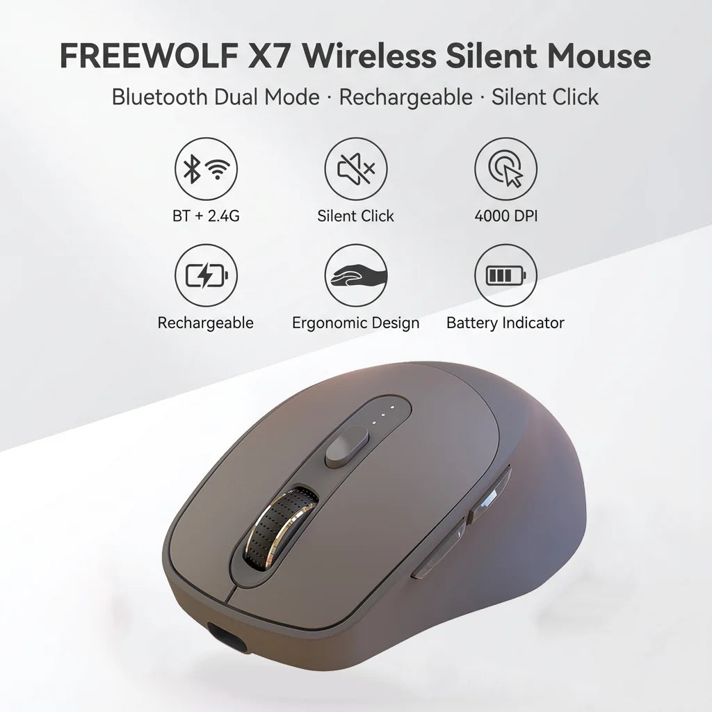 Mouse wireless FREEWOLF X7 Bluetooth 2.4G dual mode silenzioso ricaricabile 4000DPI con indicatore batteria ergonomico per PC Mac laptop