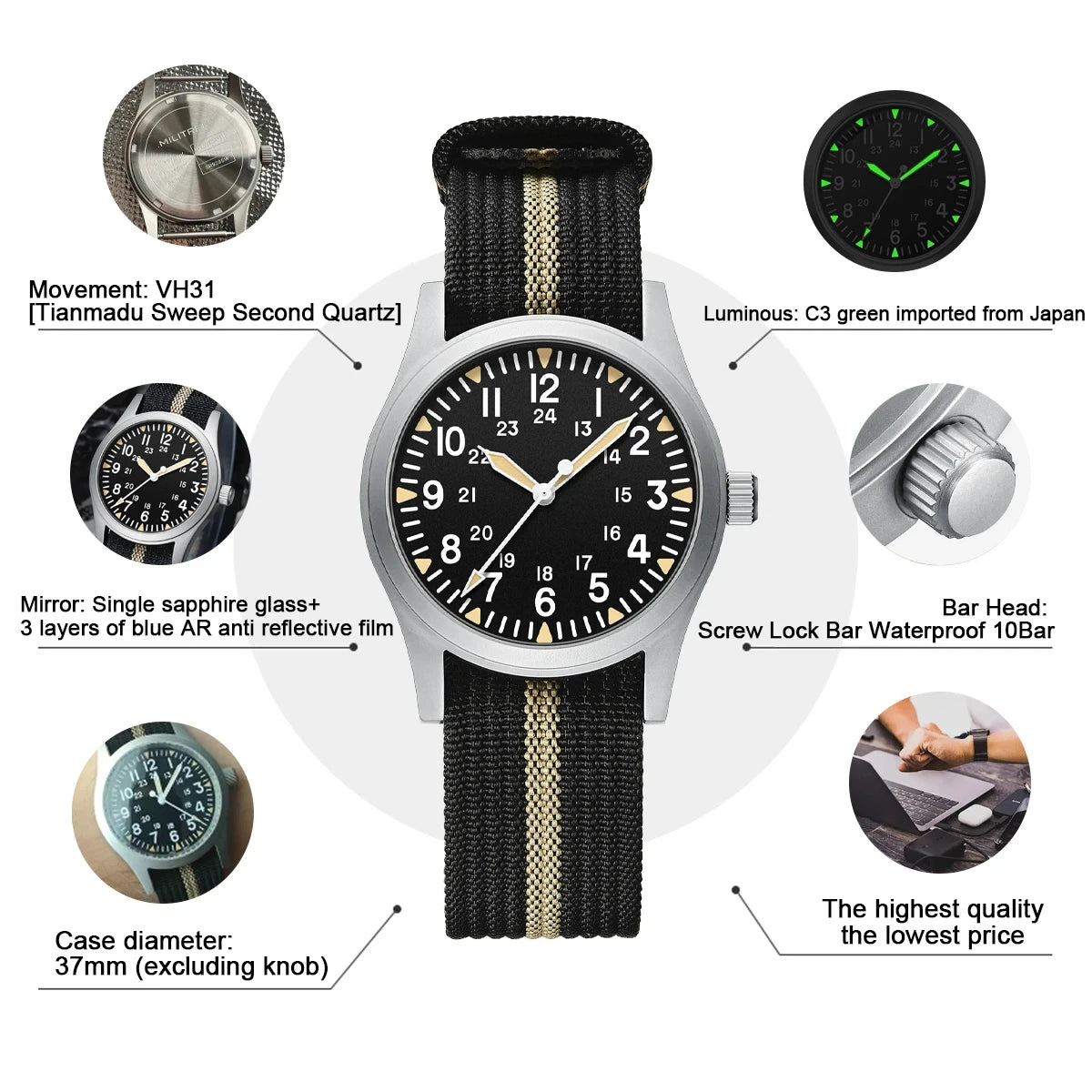 MILITREK 2026 New Military Retro Men'S VH31 Quartz Watch 37mm Sapphire Stainlesssteel 100m Waterproof C3 Luminous Reloj Hombre