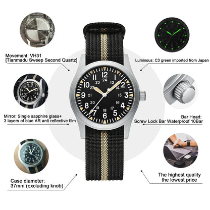 MILITREK 2026 New Military Retro Men'S VH31 Quartz Watch 37mm Sapphire Stainlesssteel 100m Waterproof C3 Luminous Reloj Hombre