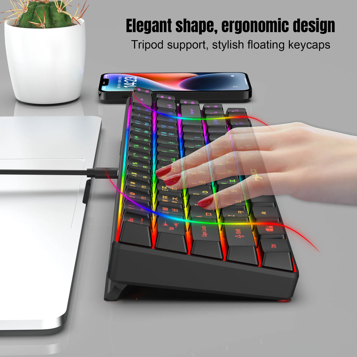 Tastiera gaming 68 tasti USB cablata portatile con retroilluminazione RGB 20, layout coreano, per laptop e computer Windows