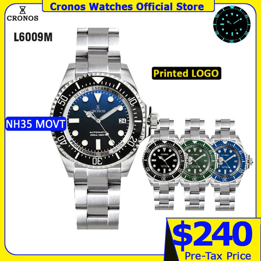 Cronos Automatic Diving Watch Stainless Steel 2000 Meters Water Resistance Professional Diver NH35 L6009M