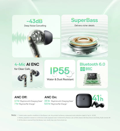 Baseus Bass EP10 NC True Wireless Earbuds Bluetooth 6.0 – ANC Noise Cancelling Earbuds with 4-Mic AI Clear Calls & 41H Playtime