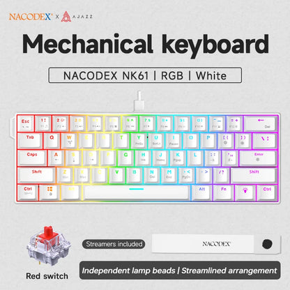 AJAZZ NK61 Wired 61-Key Gaming Mechanical Keyboard 60% RGB Lighting Hot-Swappable Red Switches 61 Keys Suitable for Gamers