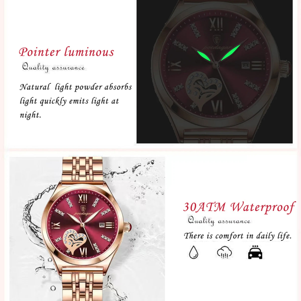 POEDAGAR Top Luxury Woman Watches Waterproof Luminous Date Stainless Steel Women's Quartz Wristwatch Elegant Dress Ladies Watch