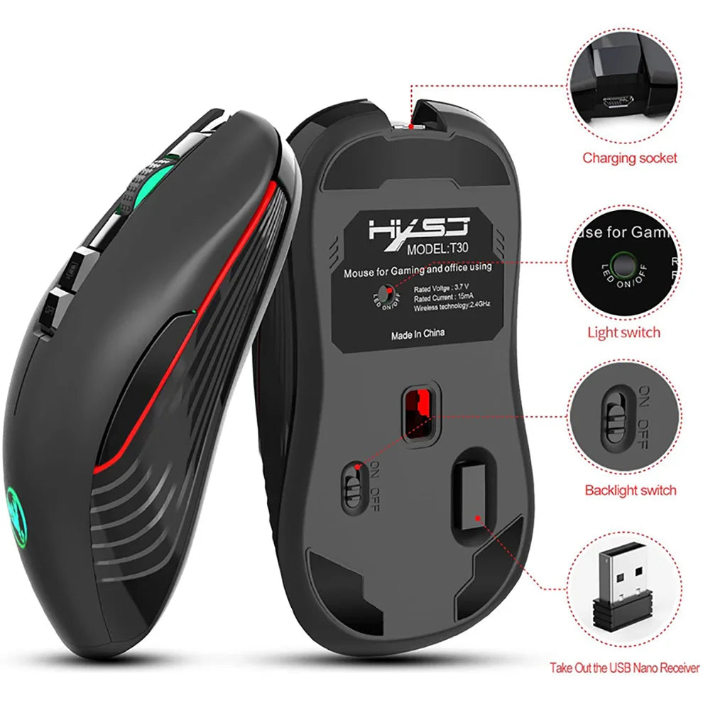 Ratón gaming inalámbrico USB-C 2.4G recargable, 3600DPI, 7 botones, Type-C, silencioso, para Macbook, portátil, PC y ordenador