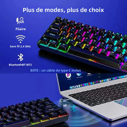 New Portable Compact 61 Keys 3-Mode Mechanical Keyboard RGB Backlit Brown Switch Wireless Bluetooth Gaming Office Keyboard