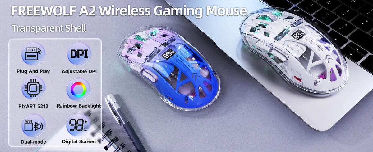 Brezžična gaming miška A2 Transparent, BT 5.0/2.4G za PC, polnilna RGB miška z digitalnim zaslonom, PixArt 3212, 5 nastavljivih DPI