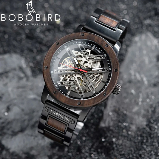 Automatic Mechanical Watch BOBO BIRD New Top Business Men Wooden Wristwatch Unique Custom Engraved Watches Christmas Gift Box