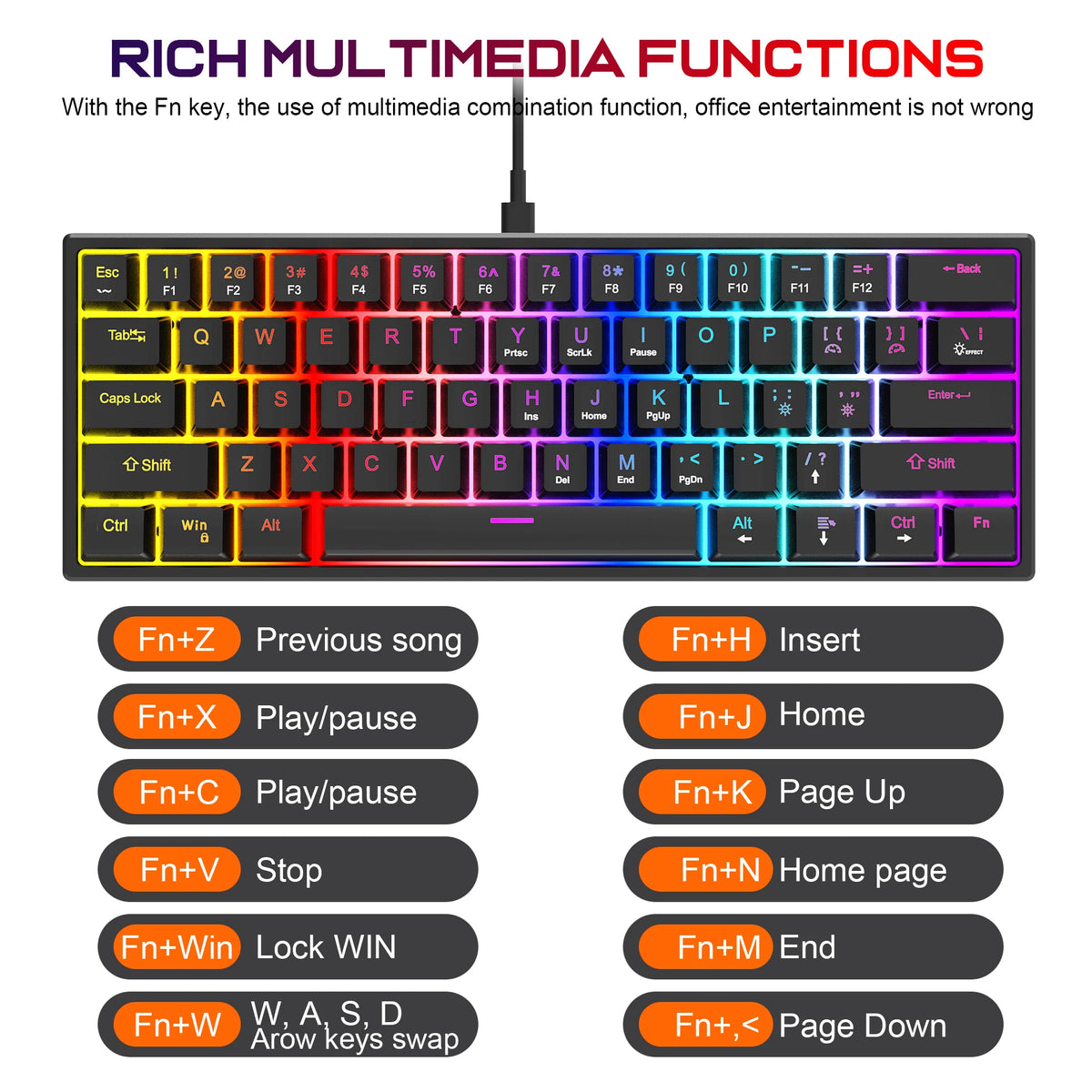 104 Keys Mechanical Feel Keyboard Wired Gaming Keyboard for Laptop PC Ergonomics RGB Backlit 61Key Cyan Axis Keycaps Keyboard
