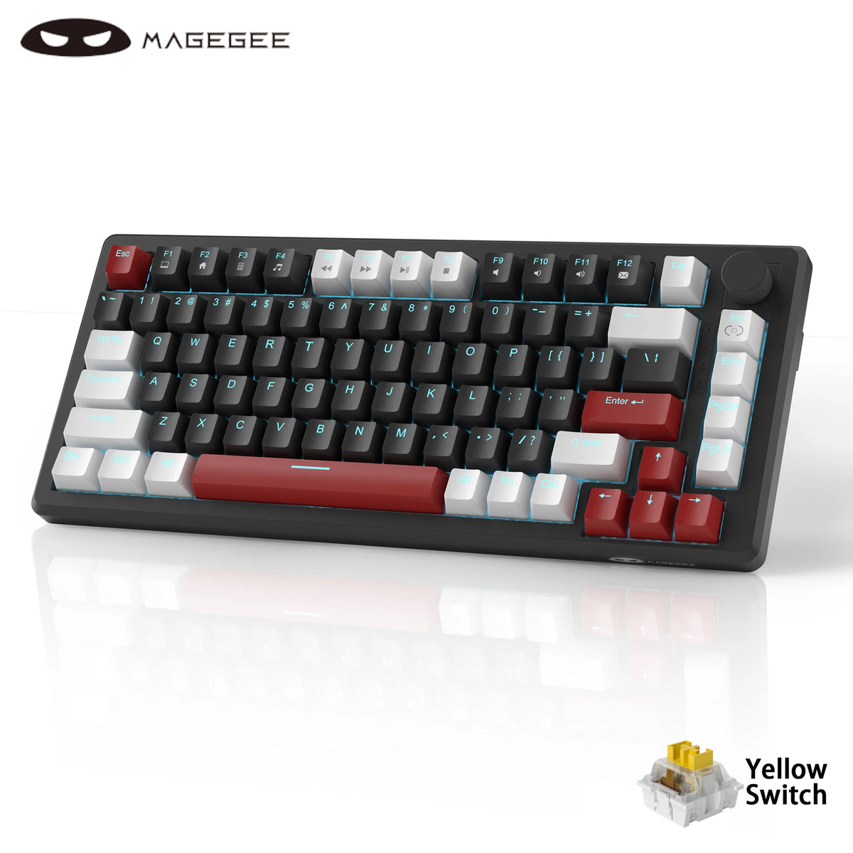 MageGee 75% Mechanical Gaming Keyboard with Knob Control, Wired Mechanical Gaming Keyboard with Blue Backlit, Red/Yellow Switch Gaming Keyboard for PC Windows