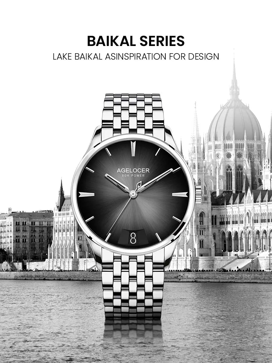AGELOCER Original Budapest Watch Steel Strap Men's Business Dress Big Calendar Automatic Mechanical Watch Birthday Gift for Men