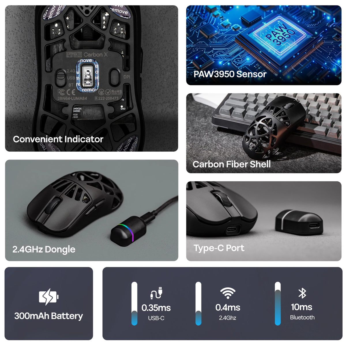 Mouse da gaming wireless EPOMAKER Carbon X cablato/2.4G/BT, da 400 a 30,000 DPI regolabili, con sensore PAW3950 per PC/Mac/Linux
