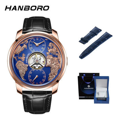HANBORO World Time Series Men's Fully Automatic Mechanical Watch with Hollow Flywheel World Earth Personality Watch 1026