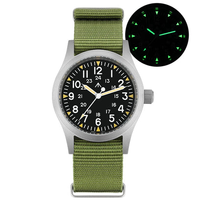 Relógio Militar Militado ML05 de 38 mm, movimento Miyota, cristal de safira abaulado, luminiscência verde C3, resistente à água até 10 bar, relógios vintage