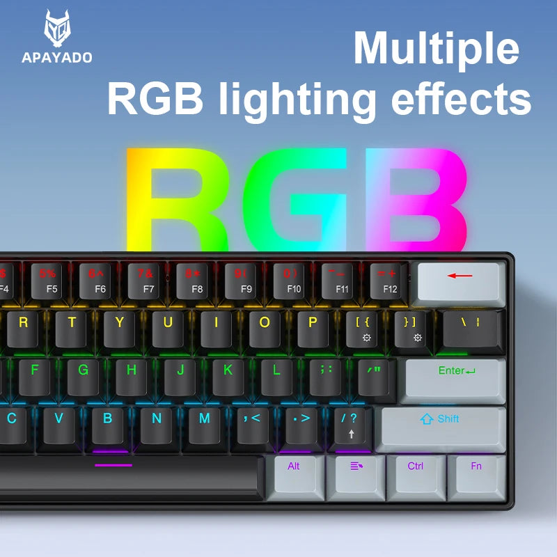 APAYADO K61 60% mini drátová herní mechanická klávesnice Phantom RGB, 61 kláves, červené/modré spínače, ergonomická, přenosná pro PC/notebook