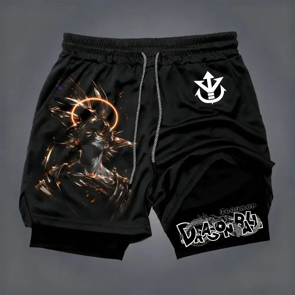 Dragon Ball Men's Double-layer Shorts Son Goku Summer Japanese Anime Fake Two-piece Sports Fitness Quick-drying Shorts, produit gaming premium Fraquane