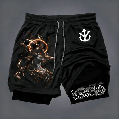 Dragon Ball Men's Double-layer Shorts Son Goku Summer Japanese Anime Fake Two-piece Sports Fitness Quick-drying Shorts, produit gaming premium Fraquane