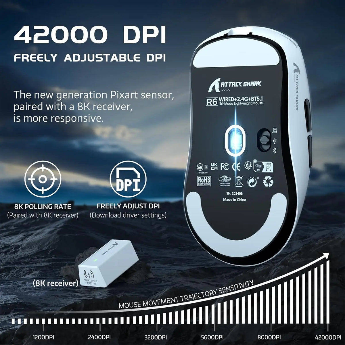 Attack Shark R6 Lightweight Wireless Gaming Mouse, PAW3950MAX Sensor, 8KHz Polling Rate, Tri-Mode Bluetooth Gaming Mouse for PC & Laptop
