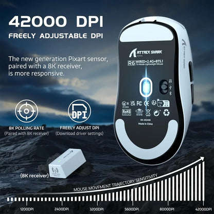 Attack Shark R6 Lightweight Wireless Gaming Mouse, PAW3950MAX Sensor, 8KHz Polling Rate, Tri-Mode Bluetooth Gaming Mouse for PC & Laptop