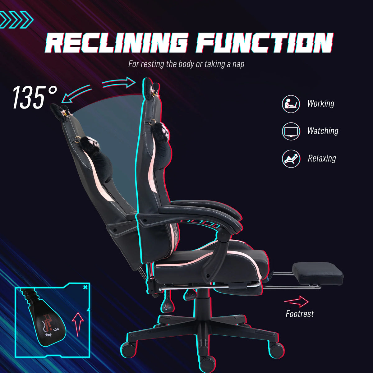 HOMCOM Gaming Chair with Adjustable Height Arms, Footrest, Reclining Backrest, Ergonomic Racing Style Office Chair for Gaming & Work