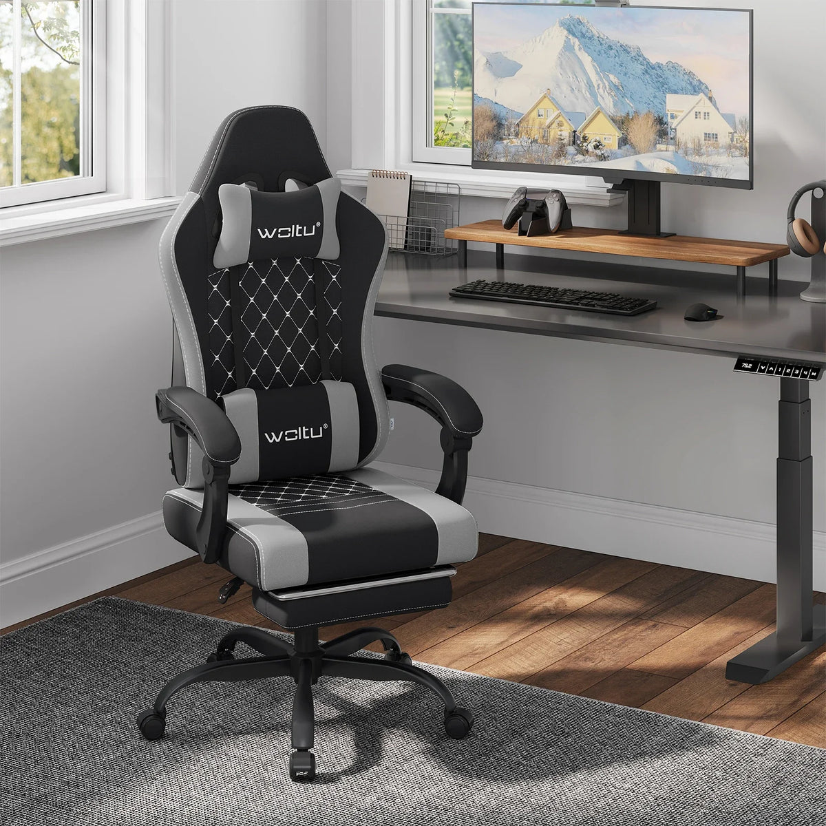 Cadeira de computador giratória WOLTU com função de massagem, cadeira de escritório ergonómica com almofada e apoio para os pés, cadeira gaming ajustável em altura