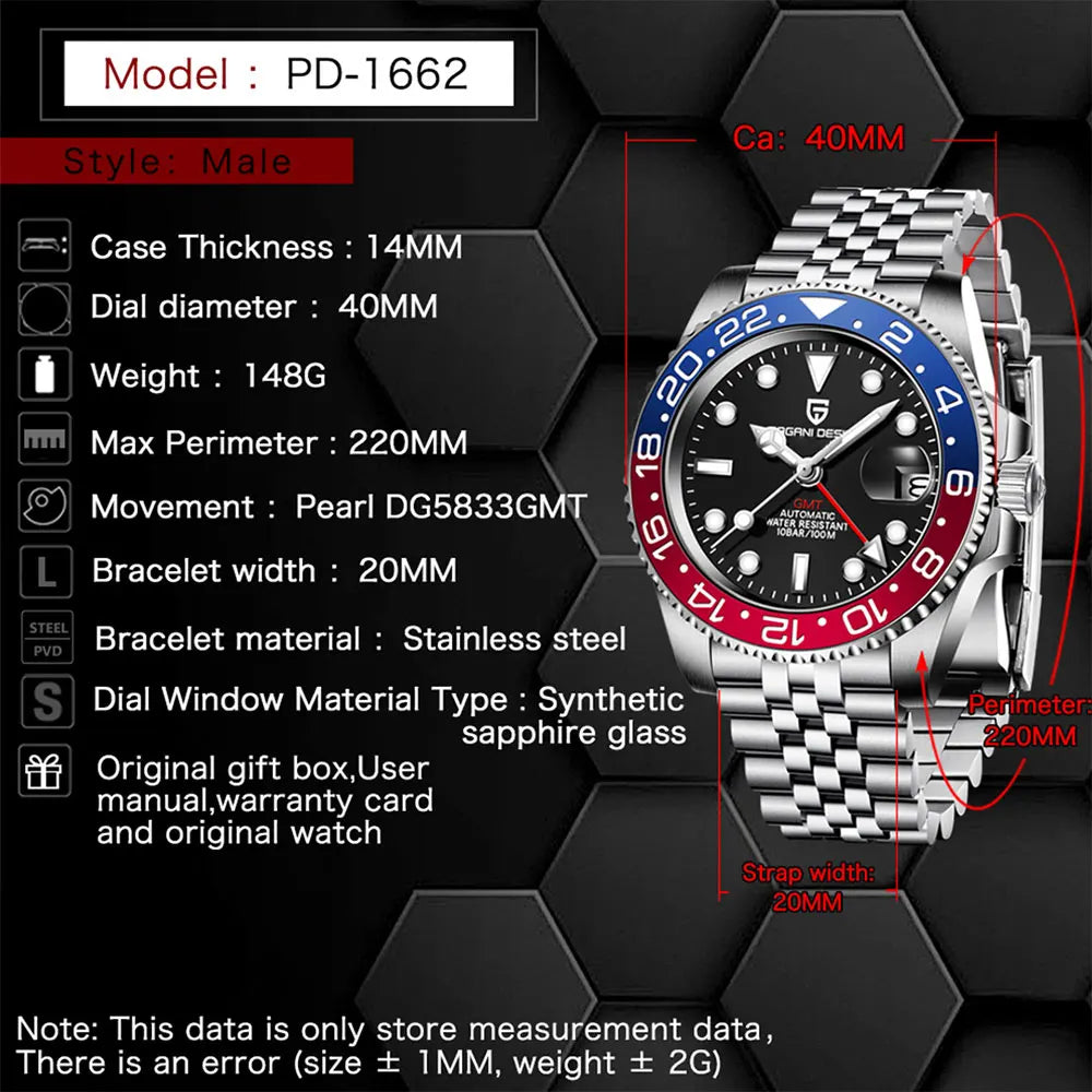 PAGANI DESIGN Men Watch GMT40mm Mechanical Watch Top Brand Sapphire Glass Stainless Steel Waterproof Clock RelogioMasculino gift