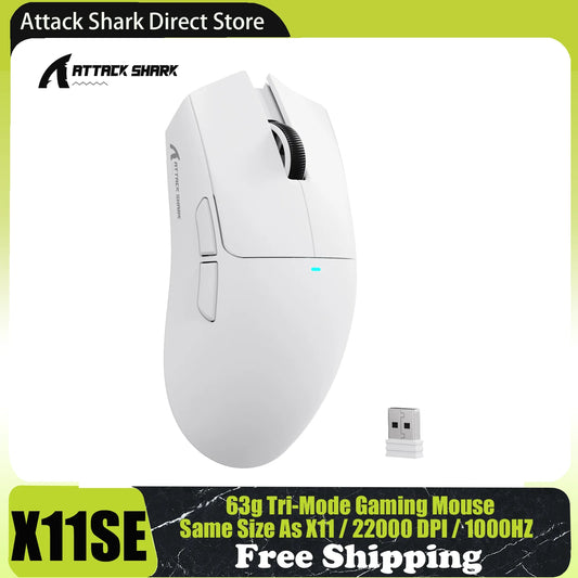 Brezžična gaming miška ATTACK SHARK X11SE, tri-načinska, izjemno lahka 63g, s senzorjem PAW3311, 22000 DPI, baterijo 300mAh, dvojni gonilnik